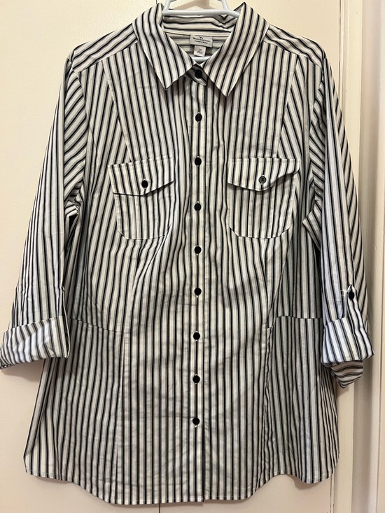 Worthington Tops - Cotton Button-Front Shirt Black & White Striped